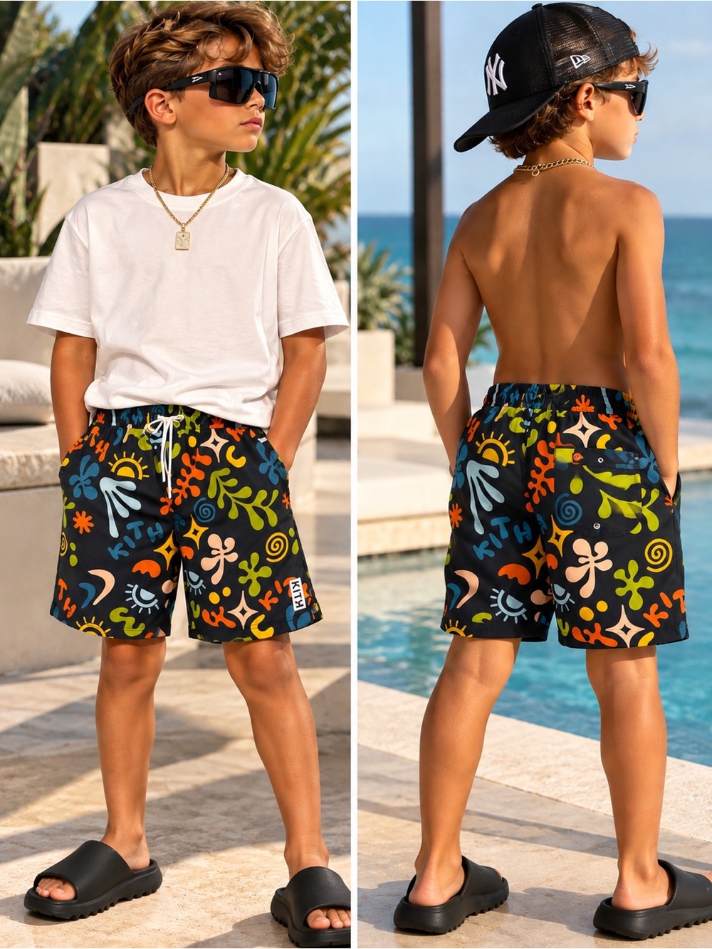 KITH Boys' Black Multicolor Graphic Swim Trunks